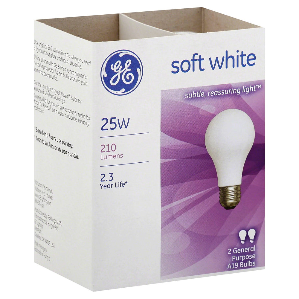 Ge Light Bulbs, Soft White, 25 Watts - 2 bulbs