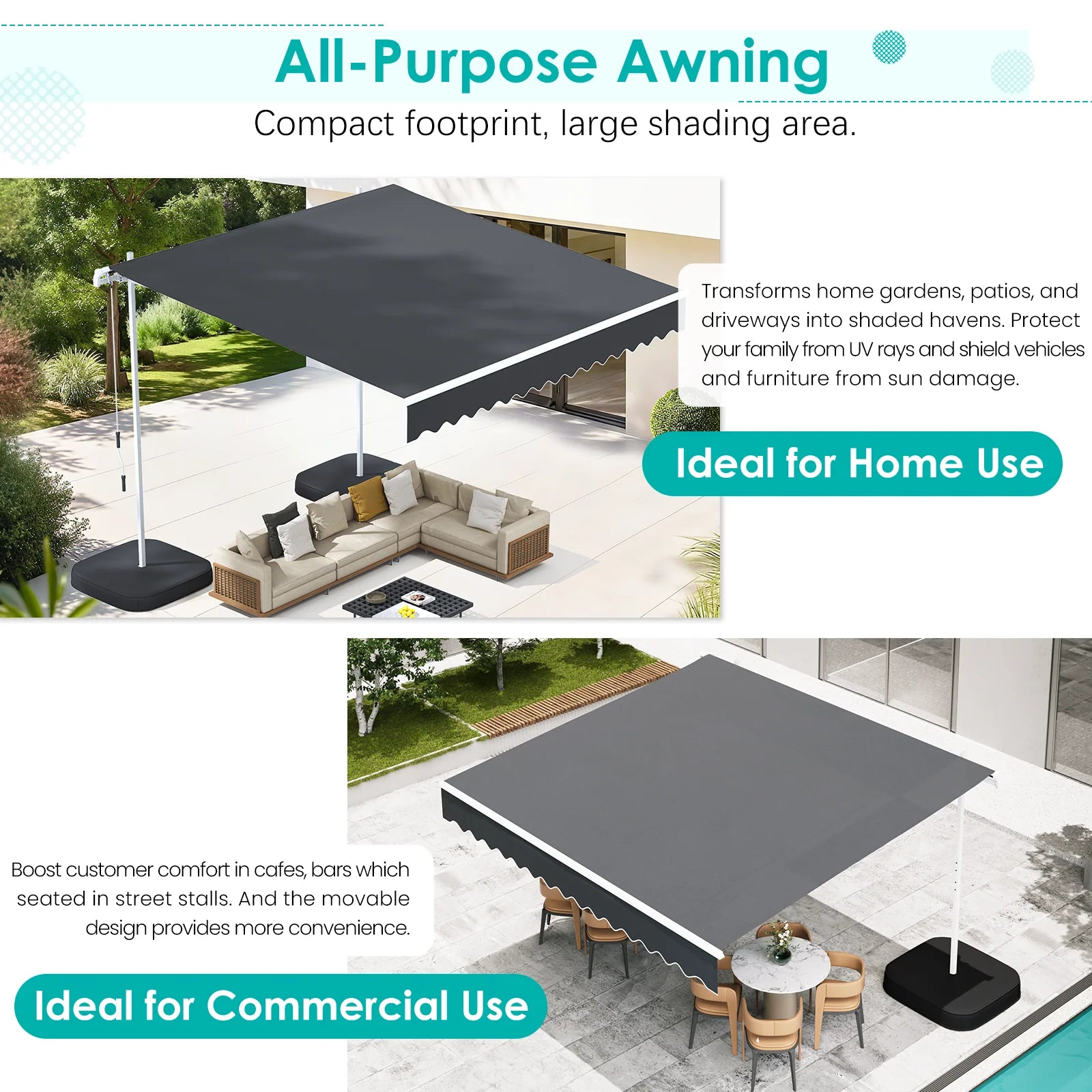 AECOJOY Free Standing Retractable Awning, 10'x8' Patio Awnings Outdoor Manual Sun Shade Shelter, Dark Grey