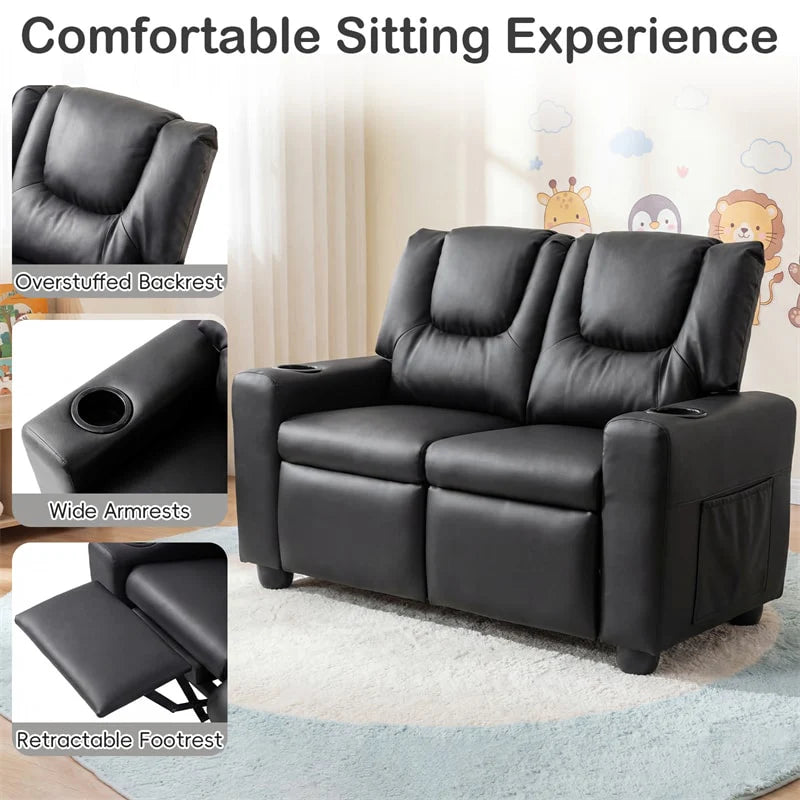 2-Seater Kids Recliner, PU Leather Reclining Loveseat with Cup Holders & 2 Side Storage Pockets, Adjustable Double Toddler Sofa for Boys Girls